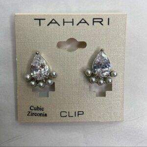 Tahari Silver Teardrop Rhinestone w/ Mini Pearls Detail Clip-On Earrings NEW